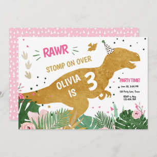 Convite Noivado Dourado do Dinossauro Três Rex Dino