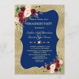 Convite Noivado Dourado Floral Azul-Blush Marinho Real