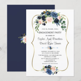 Convite Noivado Dourado Floral Blush Azul Charm