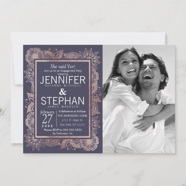 Convite Noivado Dourado Floral e Marinho Azul (Frente)