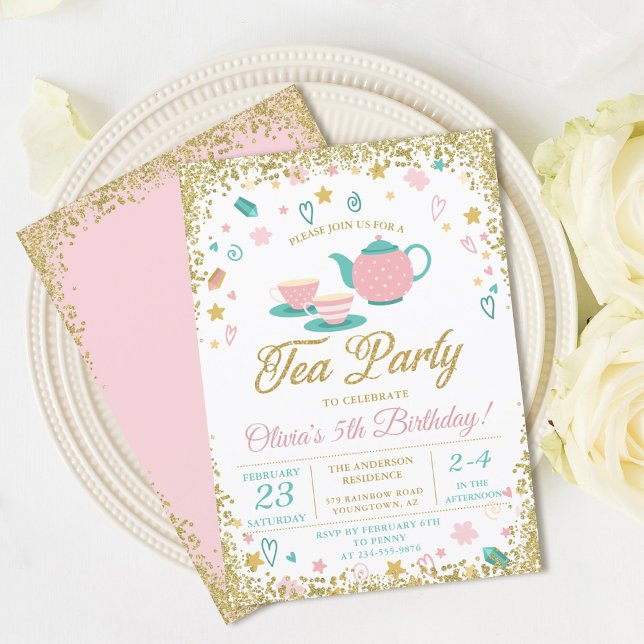 Convite Noivado Dourado Rosa, Glitter Tea Party Girls (Criador carregado)
