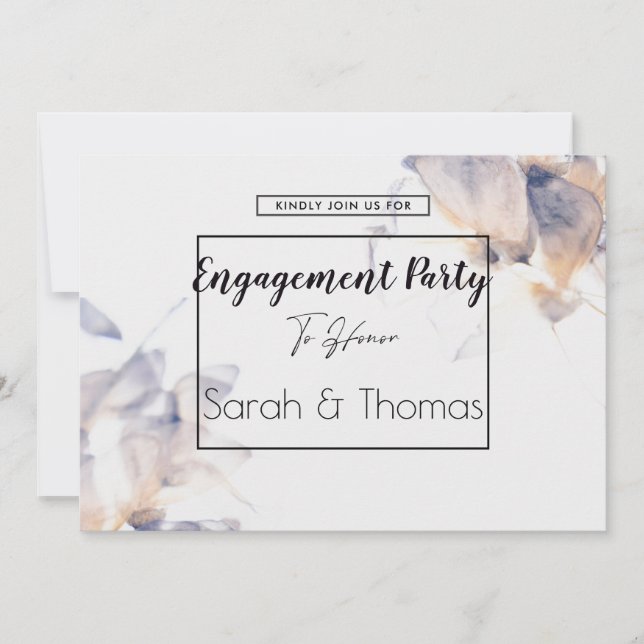 CONVITE NOIVADO ELEGANTE FLORAL DE PATELAS BRANCO E AZUL (Frente)