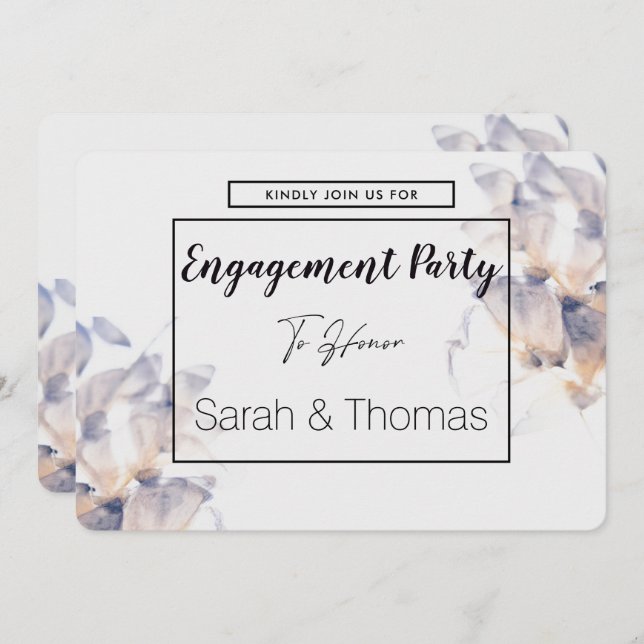 CONVITE NOIVADO ELEGANTE FLORAL DE PATELAS BRANCO E AZUL (Frente/Verso)