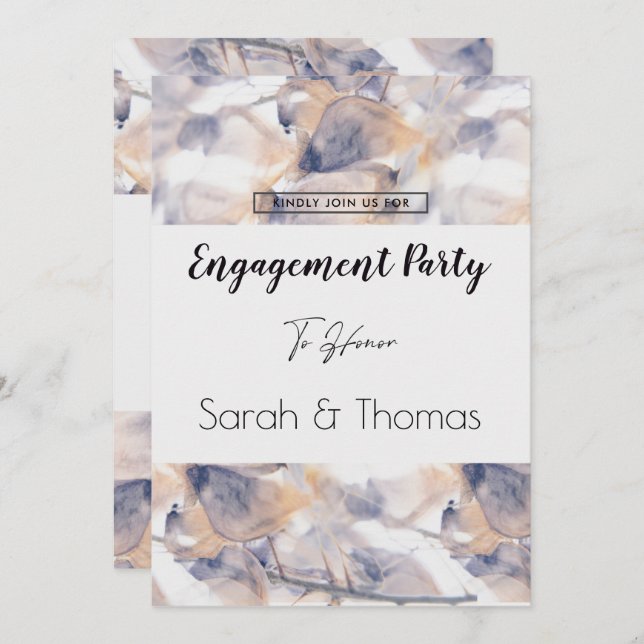 CONVITE NOIVADO ELEGANTE FLORAL DE PATELAS BRANCO E AZUL (Frente/Verso)