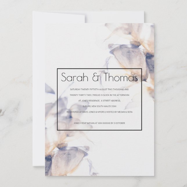 CONVITE NOIVADO ELEGANTE FLORAL DE PATELAS BRANCO E AZUL (Verso)