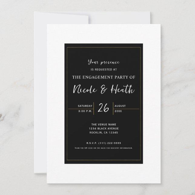 Convite Noivado Elegante Mínimo Dourado Branco Preto (Frente)