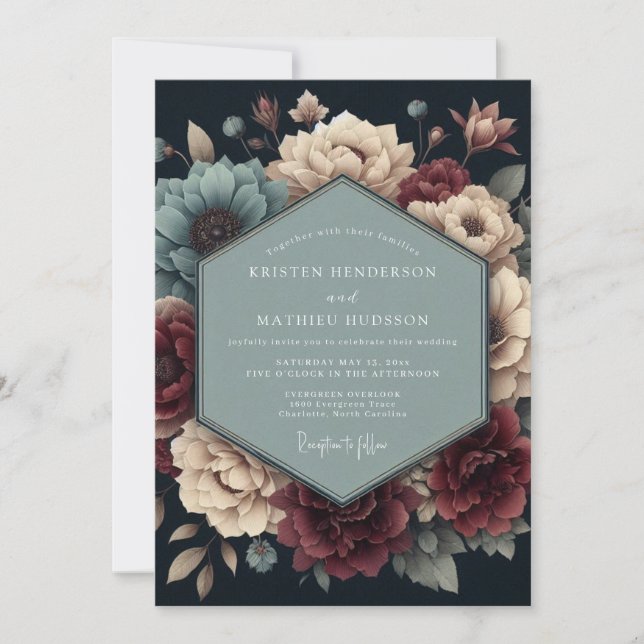Convite Noivado Flor de Bloom Somber Burgundy Slate (Frente)
