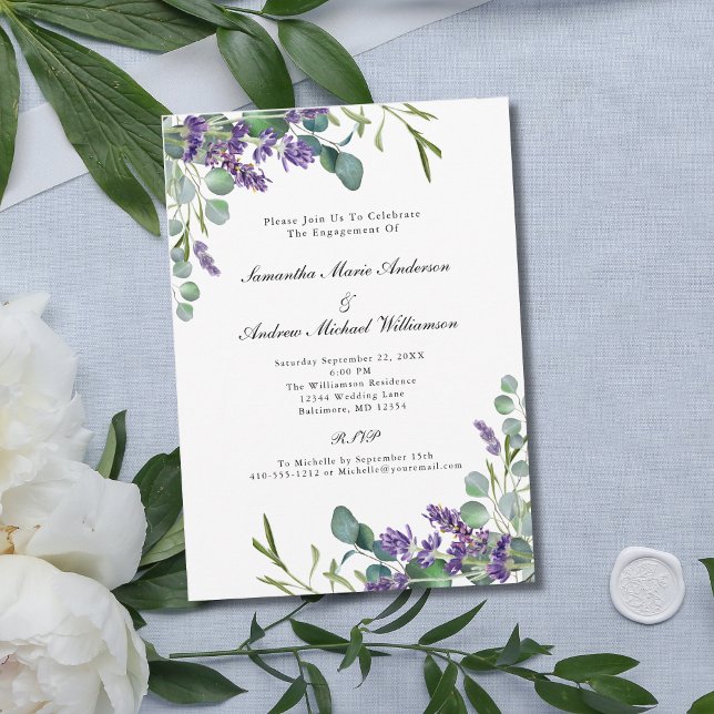 Convite Noivado Floral Botânico de Lavanda Eucalipto (Lavender Eucalyptus Floral Watercolor Elegant Formal Engagement Party Invitation)