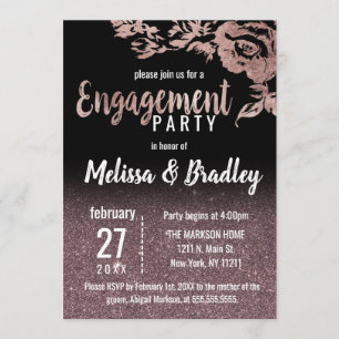 Convite Noivado floral do brilho Dourado do rosa do preto