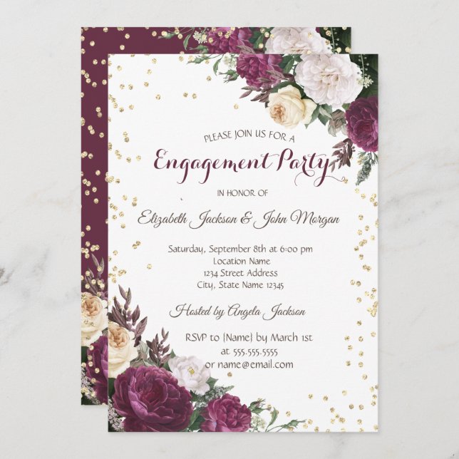 Convite Noivado Floral Dourado Burgundy (Frente/Verso)