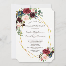 Convite Noivado Floral Dourado Geométrico Burgundy