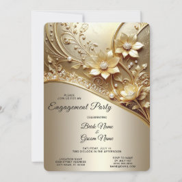 Convite Noivado Floral Ouro Moderno Ornamentado com Pérola