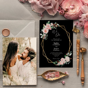 Convite Noivado Floral Preto Simples Nós Fazemos Foto Casa