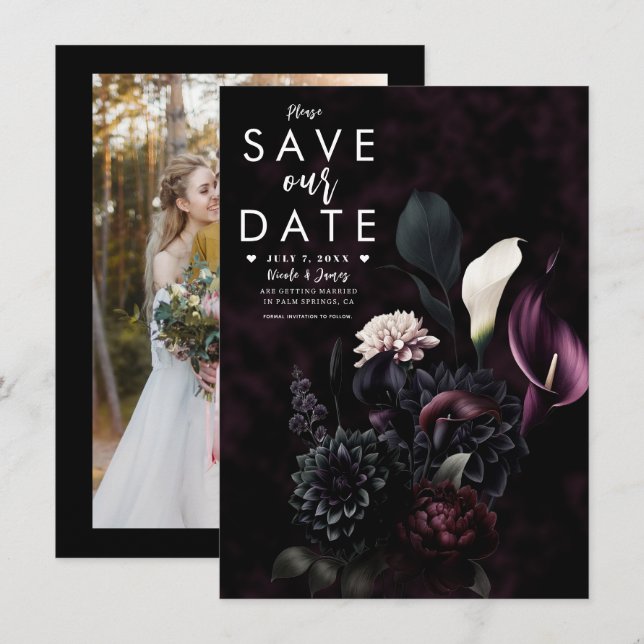 Convite Noivado Floral Romântico Sombrio Save the Date (Frente/Verso)