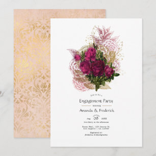 Convite Noivado Floral Shabby Dourado Rosa Velho Burgundy 