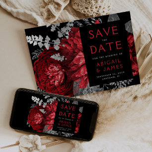 Convite Noivado Floral Vermelho Prateado Sombrio