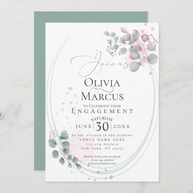 Convite NOIVADO | Folhagem de Eucalyptus Moderna em Waterc (Frente/Verso)