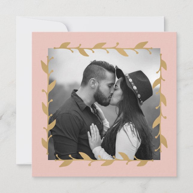 Convite Noivado Folhas de Ouro Foto Moderno Blush (Frente)
