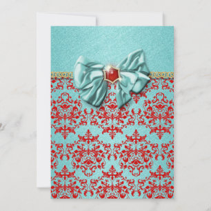 Convite Noivado formal de Aqua red damask