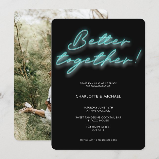 Convite Noivado Foto Neon Turquoise Melhor Junto (Frente/Verso)