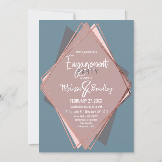 Convite Noivado Geométrico Azul-Dusty rosa Dourado (Frente)