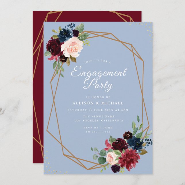 Convite noivado geométrico floral azul-burguloso (Frente/Verso)