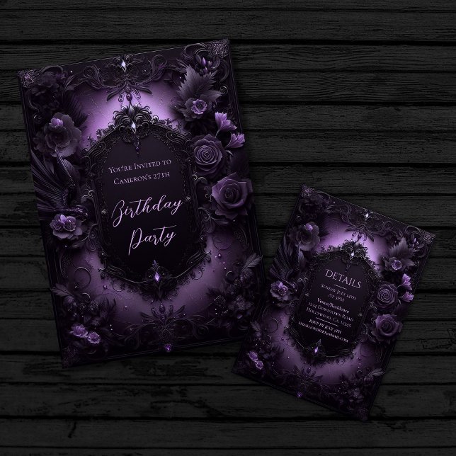 Convite Noivado Gótico de Elegância Roxo e Negro (Showing front and back of invitation.
)