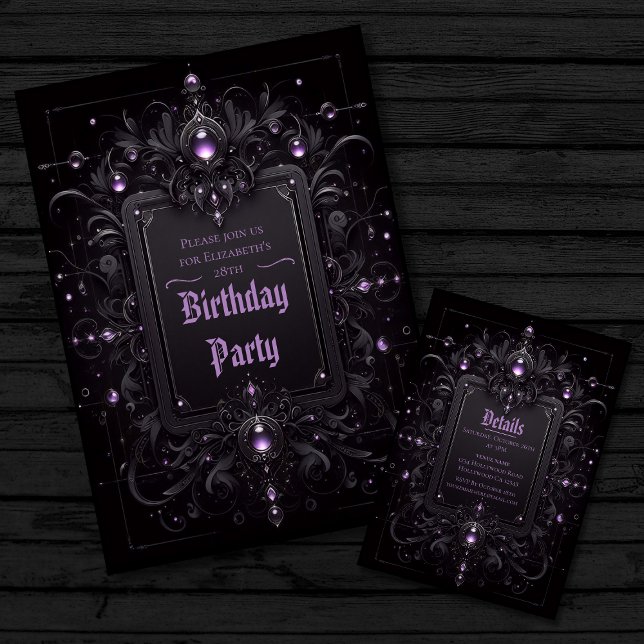 Convite Noivado Gótico Lux Purple e Negro (Image shows front and back side of invitation)