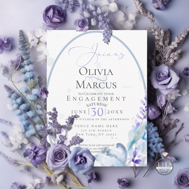 Convite NOIVADO | Lavanda de aquarela - Azul poeirento (Announce your engagement with this delightful  lavender and blue wild flower invitation)