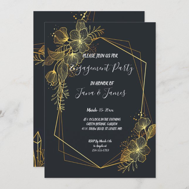 Convite Noivado Marinho de quadro do ouro (Frente/Verso)