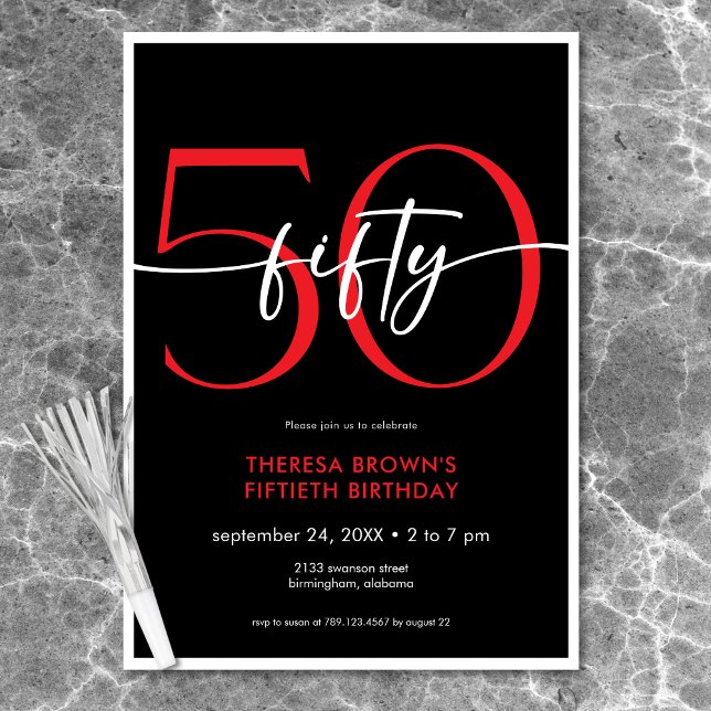 Convite Noivado Mínimo Vermelho 50 Moderno (Modern Minimal Red Fifty Script Birthday Invitation)