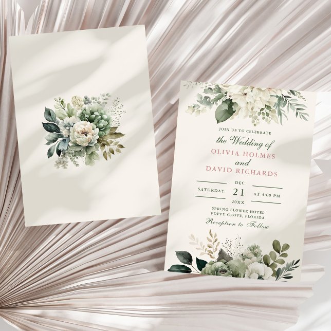 Convite Noivado Moderno em Verde Salvia e Flores de Marfim (Modern Sage Green and Ivory Flowers Wedding Invitation on a sunny neutral dry palm leaf.)