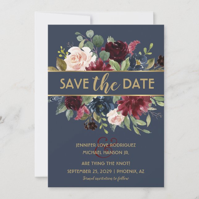Convite Noivado Navy Gold Merlot Flora Blooms Salve a Data (Frente)