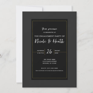 Convite Noivado Negra Mínimo Elegante Dourado Cinza
