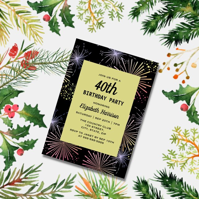 Convite Noivado Negro Ouro de Fogos de Artifício Coloridos (Criador carregado)