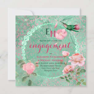 Convite Noivado Ornamentado Verde Rosa Dourado HUMMINGBIRD
