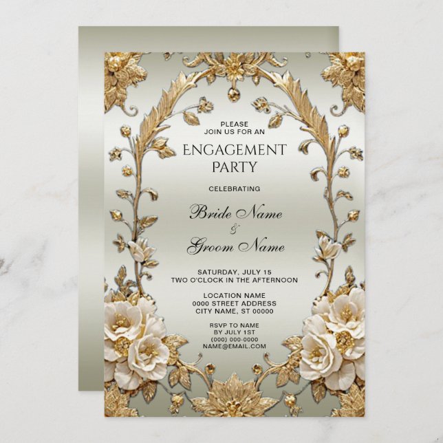 Convite Noivado ouro Ornamentado Flores brancas (Frente/Verso)