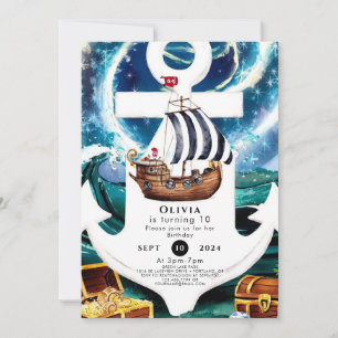 Convite Noivado Pirata de Navio de Cores Aquáticas