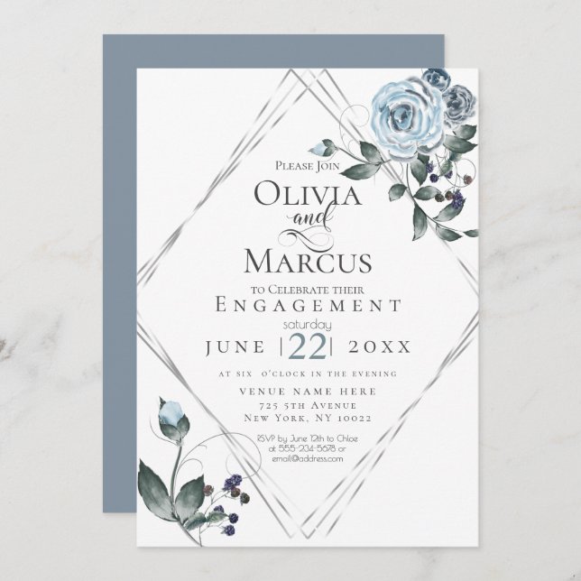 Convite NOIVADO | Prata Floral Azulada Com Água (Frente/Verso)