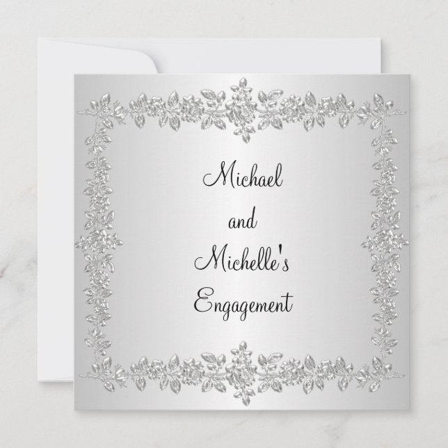 Convite Noivado Preto Branco Prata Rosas de Metal (Frente)