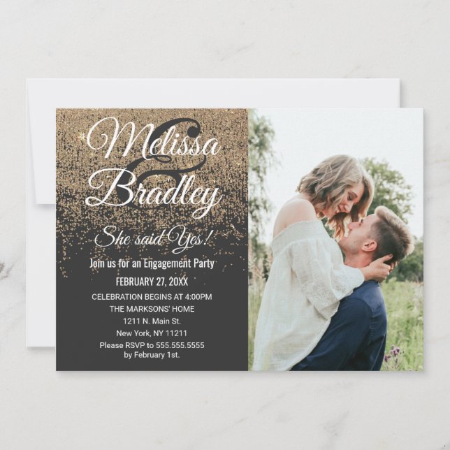 Convite Noivado Preto Glitter Dourado (Frente)