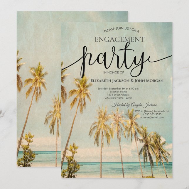 Convite Noivado Retro Beach Palms   (Frente/Verso)