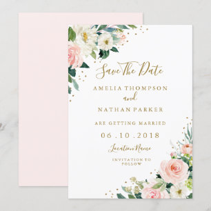 Convite Noivado Rosa Bege Floral Dourado Save The Date