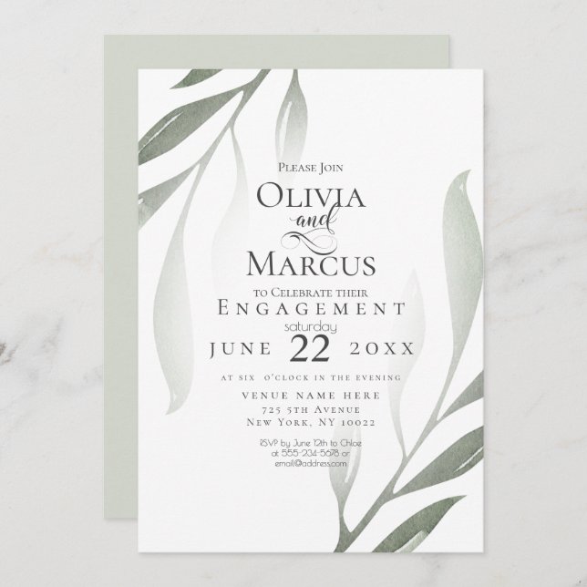 Convite NOIVADO | Sage Green Olive Branch — Watercolor (Frente/Verso)