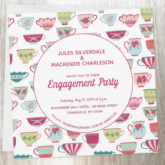 Convite Noivado Tea Cups Moderno Vintage (Vintage retro teacup pattern personalized engagement party invitation)
