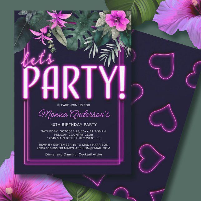 Convite Noivado Tropical Neon Neon, cor-de-rosa-vamos (Let's Party Electric Pink Neon Tropical Birthday Invitation)