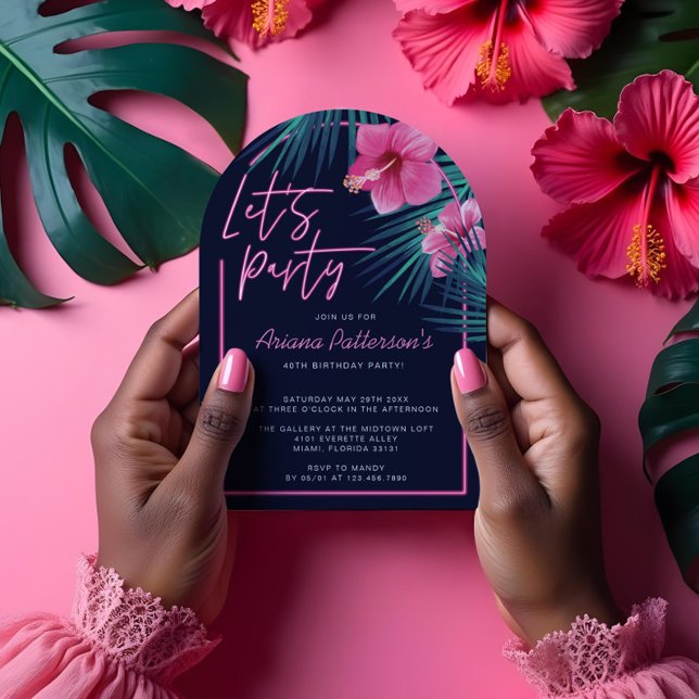 Convite Noivado Tropical Neon Rosa, Elétrico (Let's Party Electric Neon Pink Tropical Birthday Invitation)