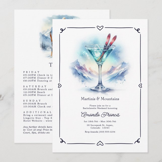 Convite Noivas de Esqui Martinis & Montanhas Aspen (Frente/Verso)