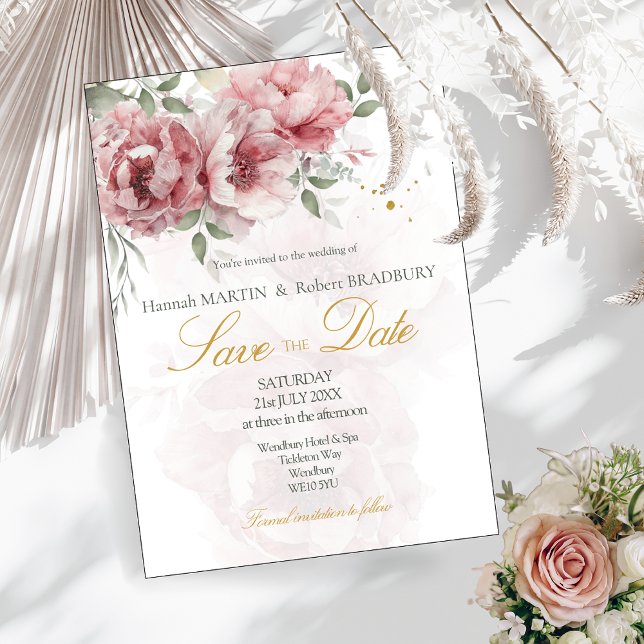 Convite Noivas de Peônias Rosa Bege Save the Date  (Criador carregado)
