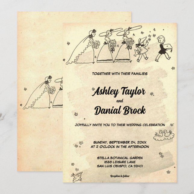 Convite Noivas Elegantes Vintage Retro Casamento Clássico (Frente/Verso)